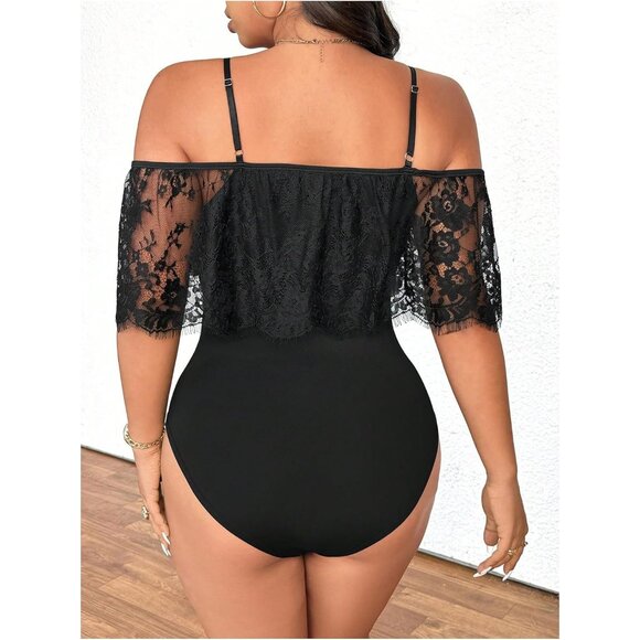 Plus Size Sheer Lace Bodysuit with Cold Shoulder and Deep V Neck - X-Large - Picture 3 of 5